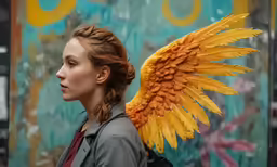 a close up of a woman with an angel wings headpiece