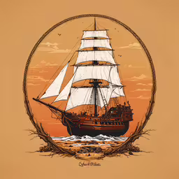 an old pirate ship sailing through a sea at sunset,a ship is shown in a round frame