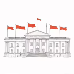a drawing of a white building with red flags