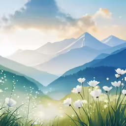 some grass flowers mountains sky and clouds