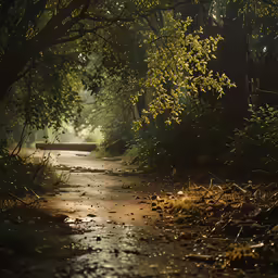 a dirt road leading through an area with trees on both sides