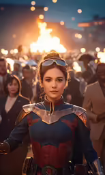 a woman in avengers costume, standing next to another person