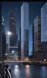 some very tall buildings by the water at night