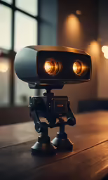 a small camera with lights on top of a wooden table