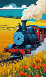 a train driving through the country on a sunny day,an old train engine traveling through a wheat field