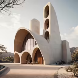 a building made of large curved white shapes