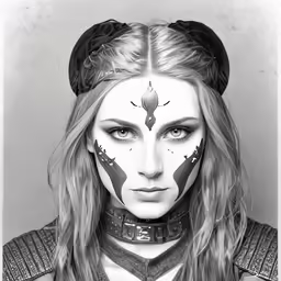 a black and white photo of a woman with painted face