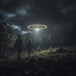 two people standing in the grass looking up at the sky