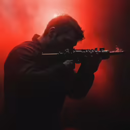 a man playing a trumpet against a dark background