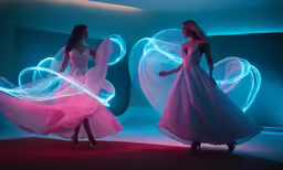two girls in dresses playing with bubbles on a stage