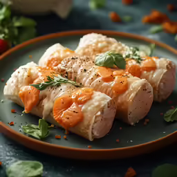 several carrot rolls sitting on a plate with sprigs