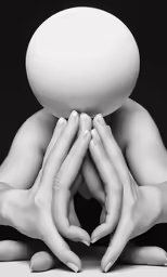 three hands holding an over sized white sculpture with a circular black background