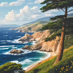an overlook of the ocean and green hills