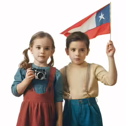 two young children are holding a camera and a texas flag