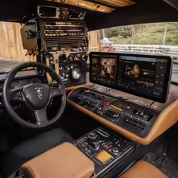 a car dashboard with a stereo, stereo, and radio system