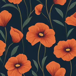 a painting of orange flowers with leaves on a black background