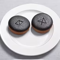 two chocolate - covered donuts on a white plate