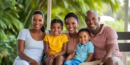 a family with two adults and two children, smiling and sitting on a bench