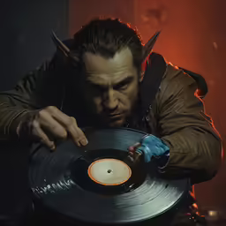a man in a horned headband pointing at a record