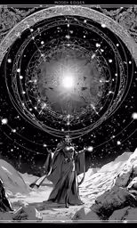 a man standing on the ground surrounded by stars and an open sky