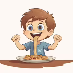 a boy with a plate of food on a table