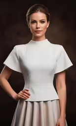 a woman in a white dress posing