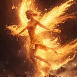 a woman wearing a yellow dress is dancing in the midst of fire