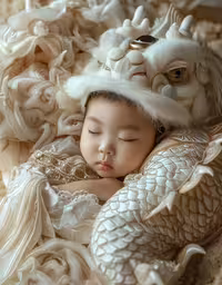 the child is sleeping with a dragon on her head,an adorable little girl in a white dragon dress sleeping with her head wrapped up