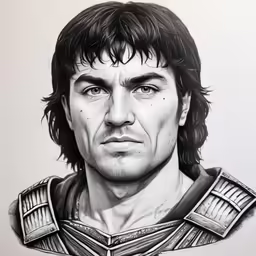 a drawing of a man in armor with long hair and long beard