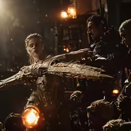 some people holding a large wooden sword with light on