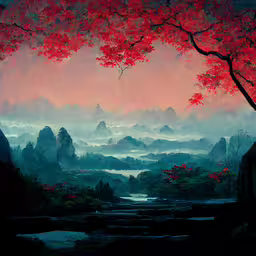 some red leaves are near a river,a painting of a forest with red leaves