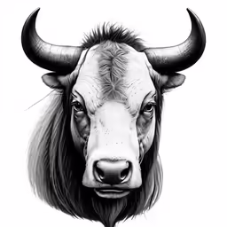 the bison head with long horns is shown in black and white