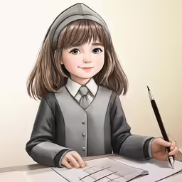 the little girl is sitting at the desk drawing with markers