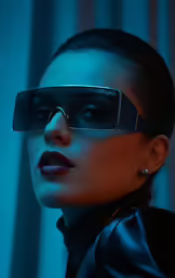 woman in black jacket with sunglasses and dark lipstick