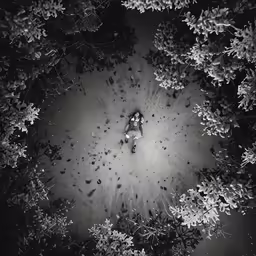 the black and white photograph has an upside - down picture of someone holding an umbrella