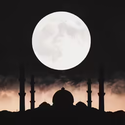 a full moon in the sky behind many silhouetted buildings