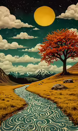 there is a painting with trees and mountains in the background