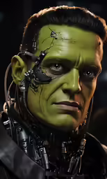 a man with a green face on his chest