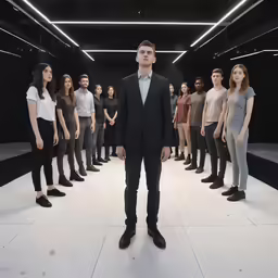 a man standing in a large room with a lot of women