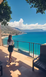 the woman is walking along the terrace to look at the ocean