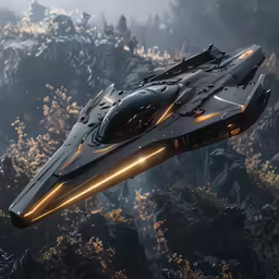 a dark colored spaceship flying through a foggy forest