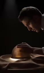 a man is leaning over a large gold hat on the ground
