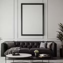 an empty living room with sofa, tables and two large mirrors