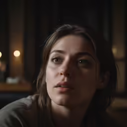 a young woman in the dark stares up at something