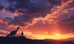 the silhouettes of two giraffes on the top of a hill with cloudy skies