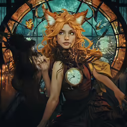 a woman holding a dog next to a window with a clock