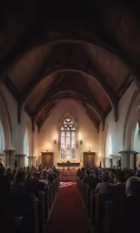 people seated in a church with a red carpet