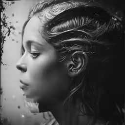 a black and white photo of a woman with some piercings