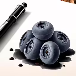 some blueberries and a black pen on a white surface