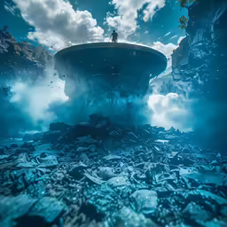 a underwater scene of a man standing on the top of a ship